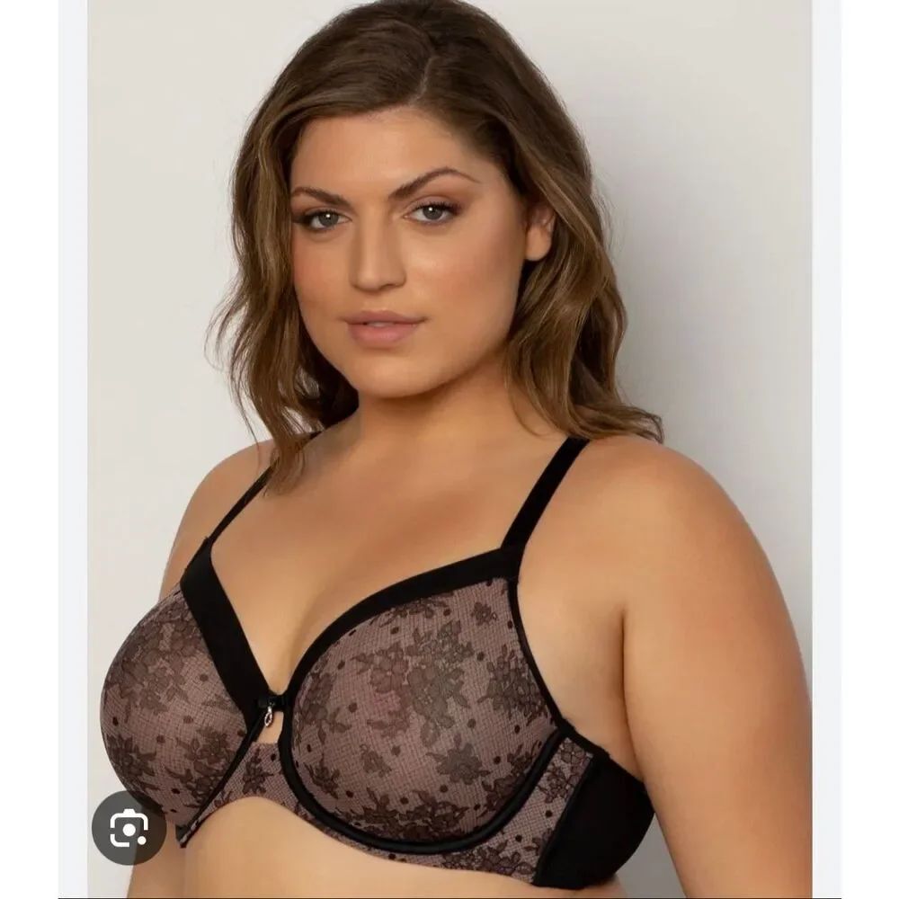 Curvy Couture Sheer Mesh Unlined Underwire Bra in Black Nude sz 42DD NWT